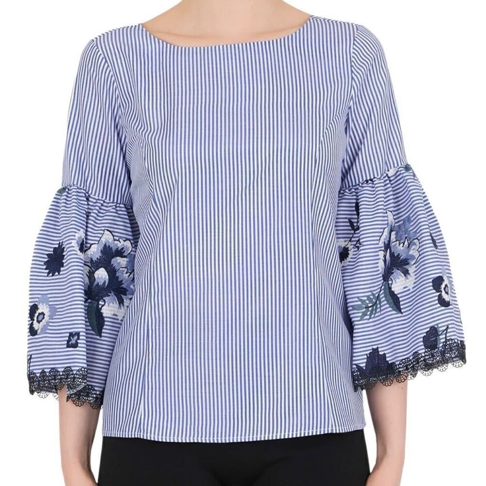 Joseph Ribkoff Embroidered Lace 3/4 Length Bell Sleeves Top‎ Pin Stripe Blue 6